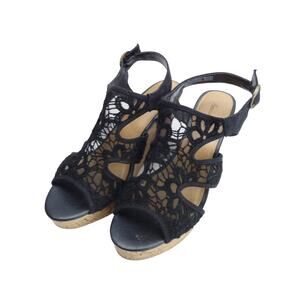 American Eagle Black Lace Sling Back Cork Wedge Sandal - Size 9, Women's Shoes
